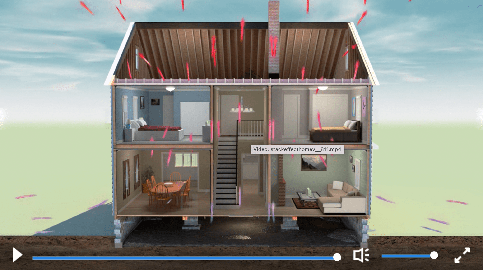 Cutaway model of a house showing air movement affecting indoor air quality.