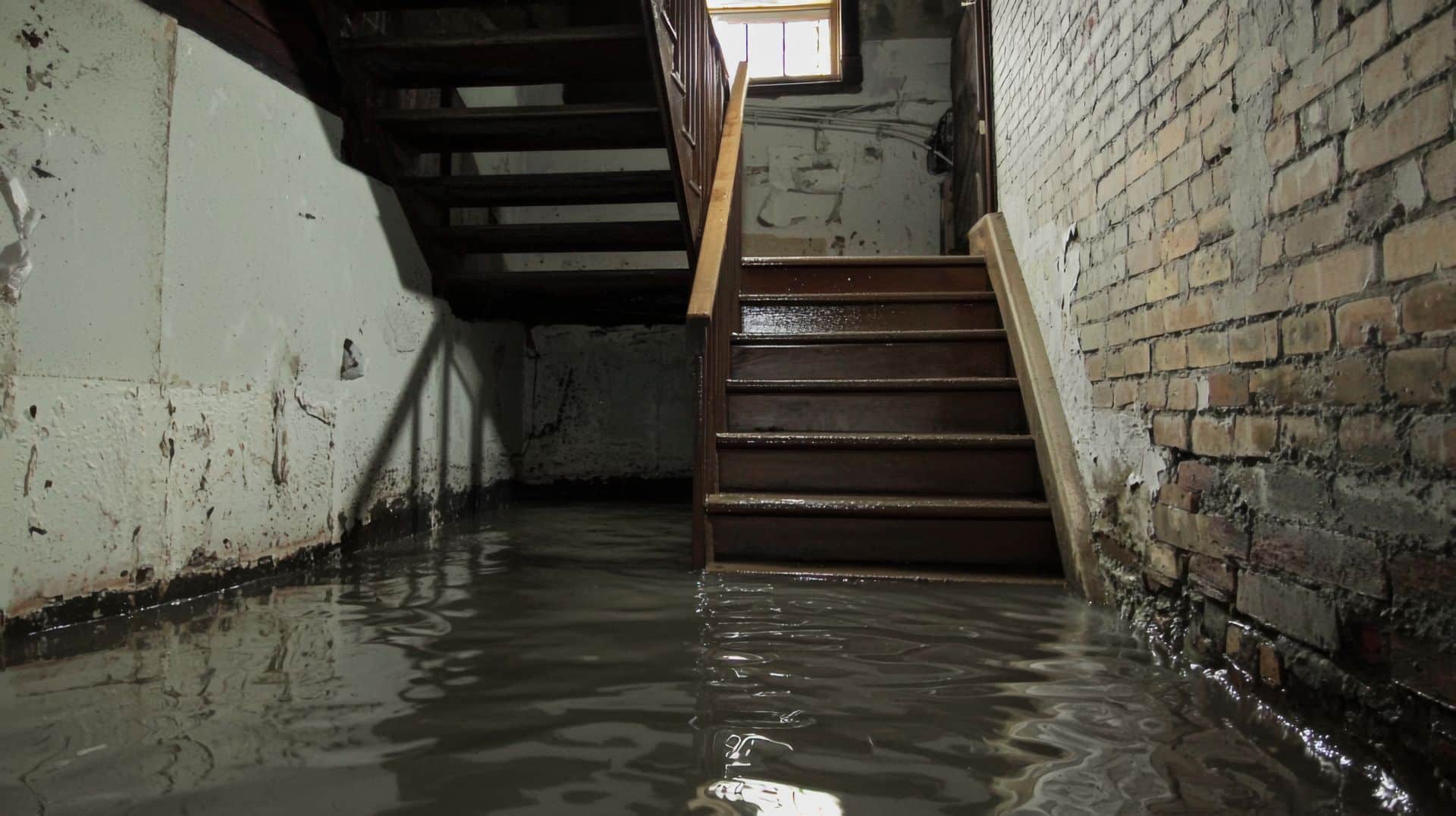 Flooded basement with water damage and brick walls in Alabama