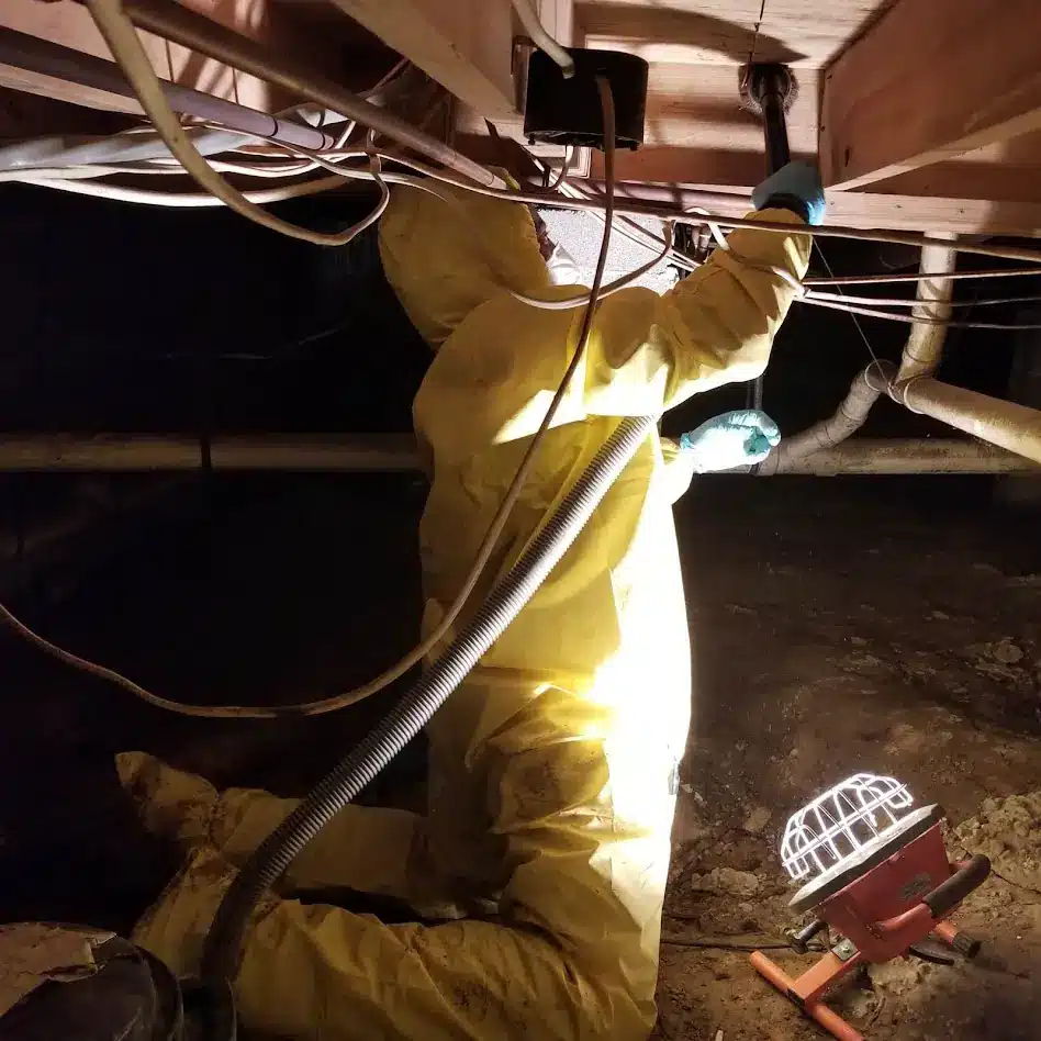 Technician vacuuming crawlspace for mold removal in protective gear.