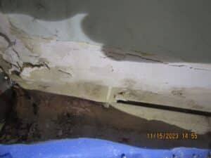Water damage and mold on basement wall in need of remediation.