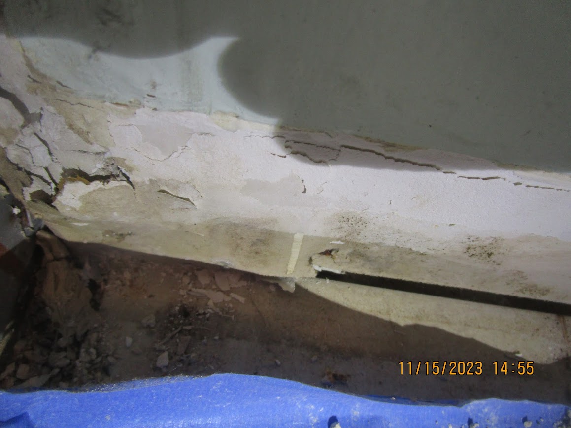 Water damage and mold on basement wall in need of remediation.