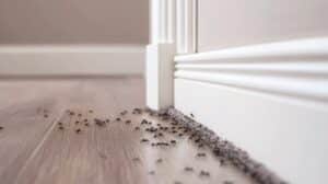 Ant infestation on floor near wall baseboard
