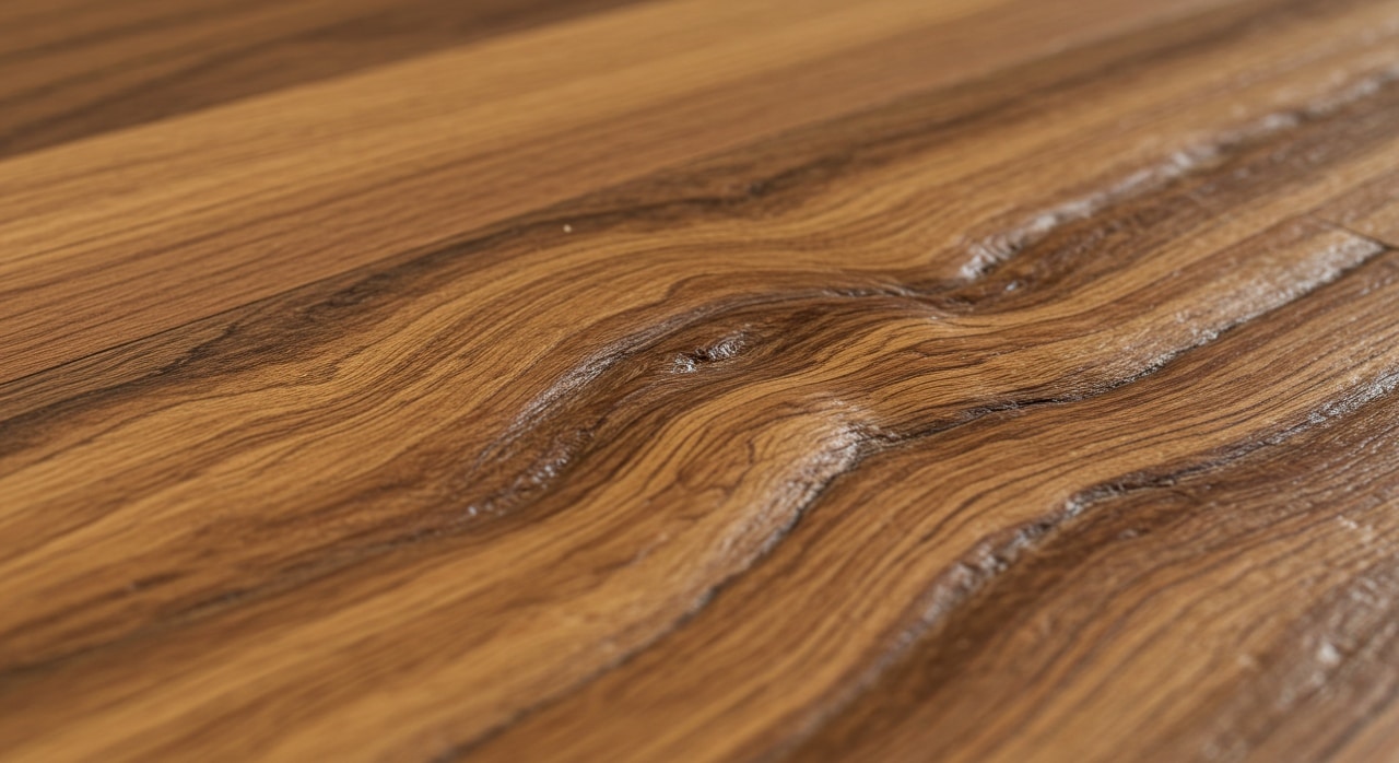 Warped wooden floor surface, indicating water damage