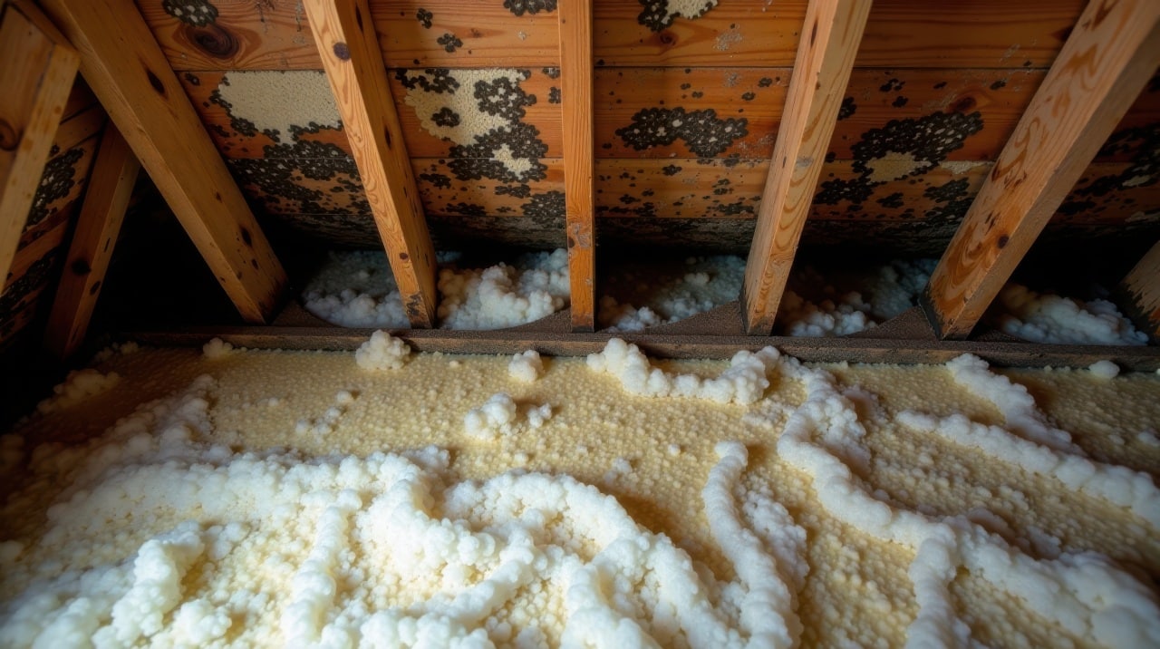 Mold growth on wooden attic beams with insulation below.