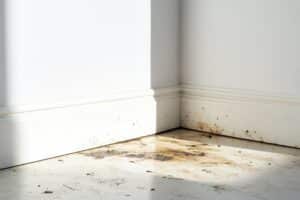 Stained floor with mold near baseboard in a bright room