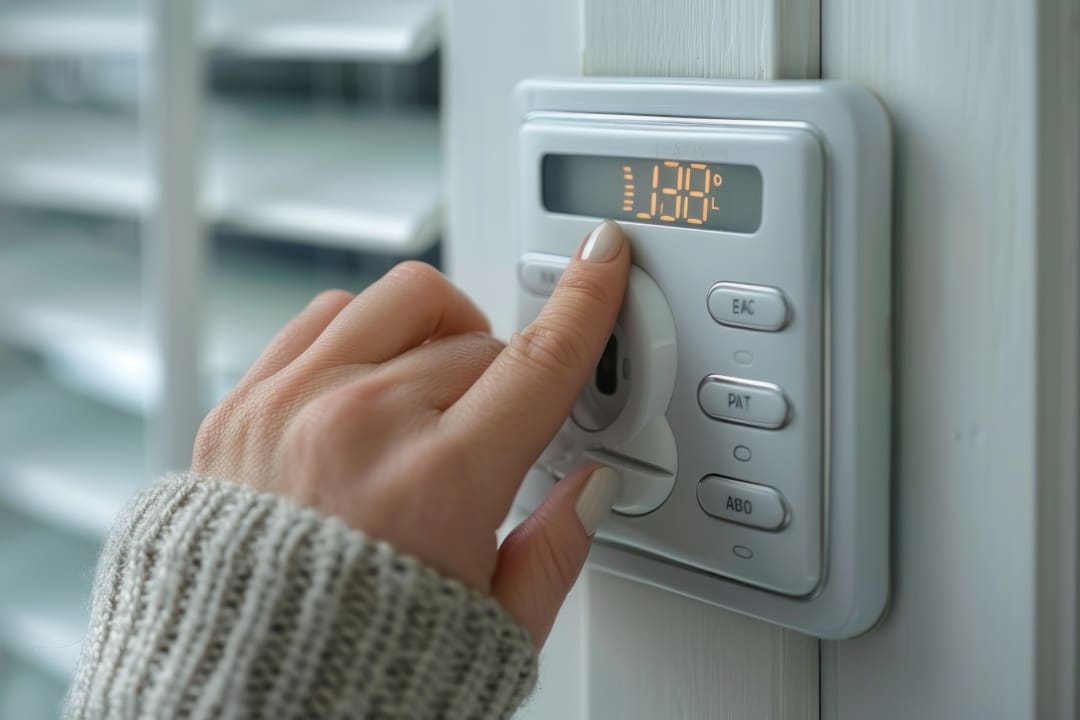 Close-up of hand adjusting digital thermostat